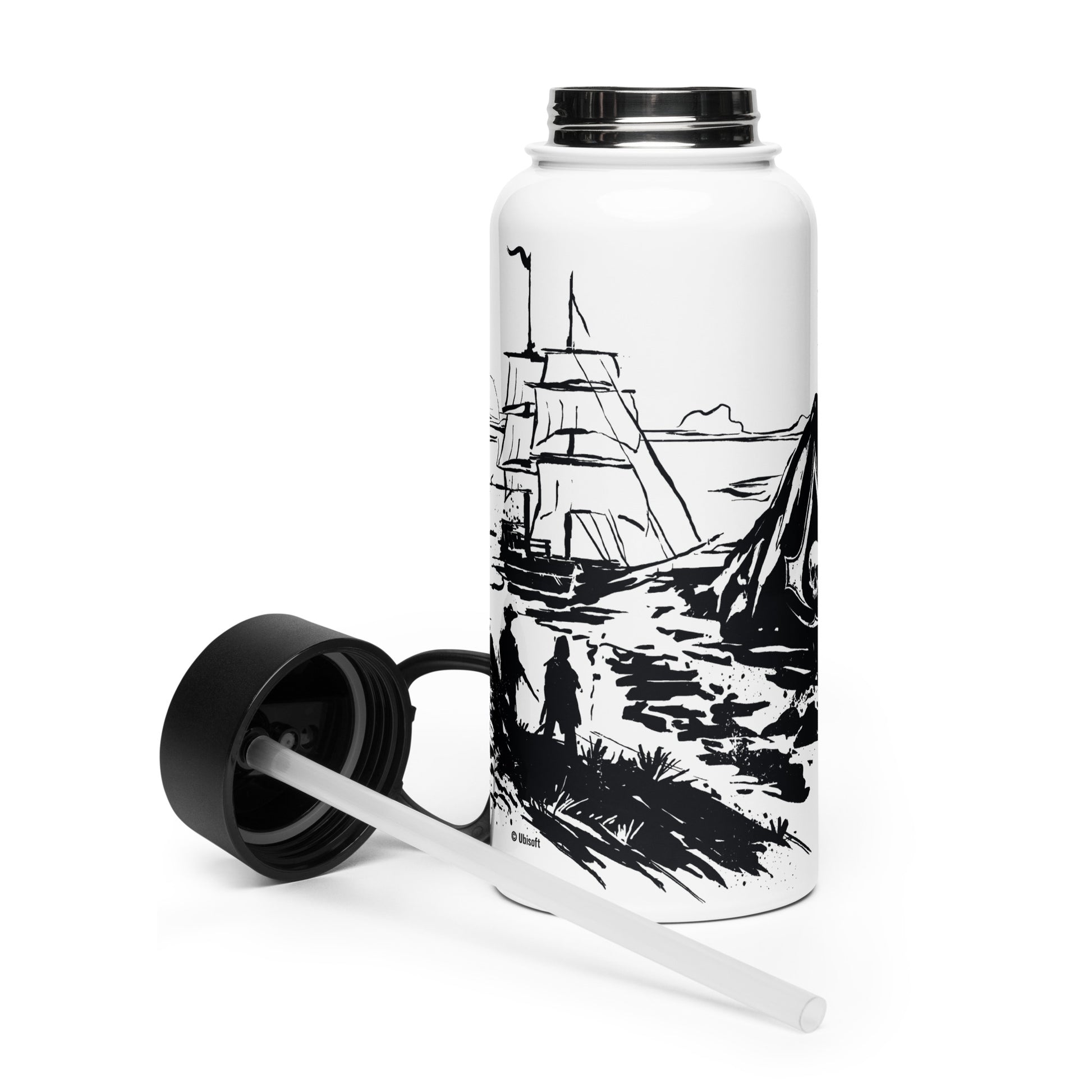 White bottle with Ubisoft black ink illustration of ship, people, tent on shore. Black lid and straw.