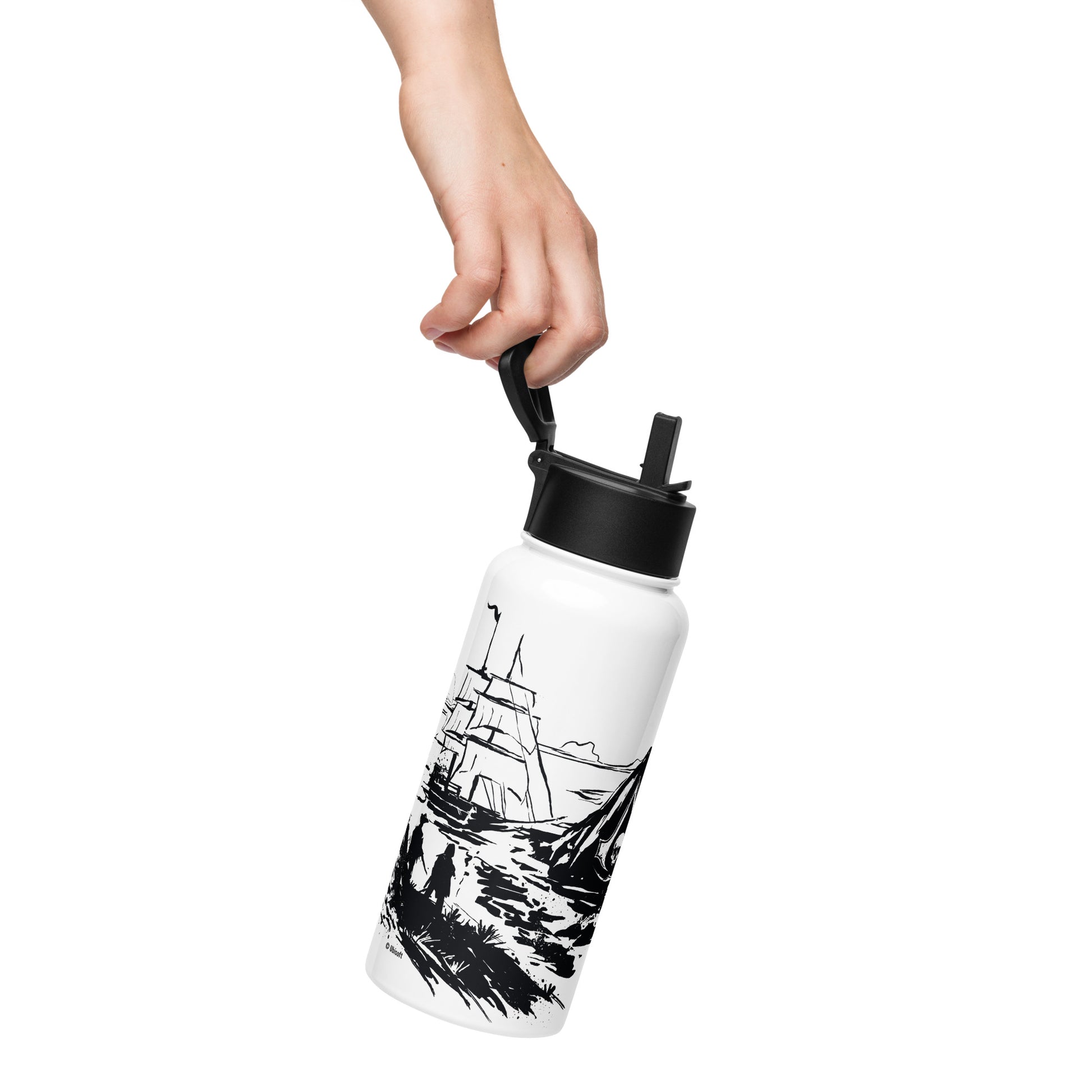 Detailed black & white drawing on white water bottle shows a pirate ship, rough sea, island, & person. Ubisoft logo.