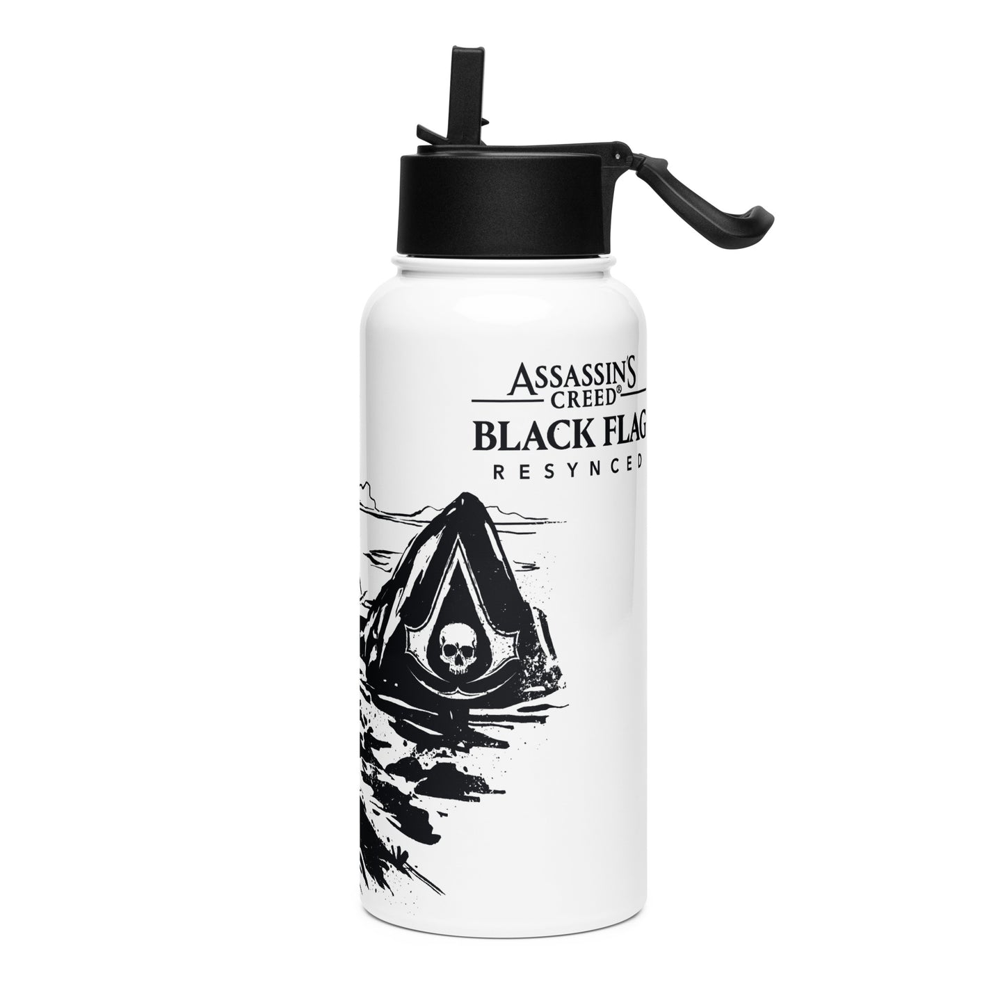 Assassin's Creed Black Flag Resynced logo and skull symbol printed on a white water bottle.