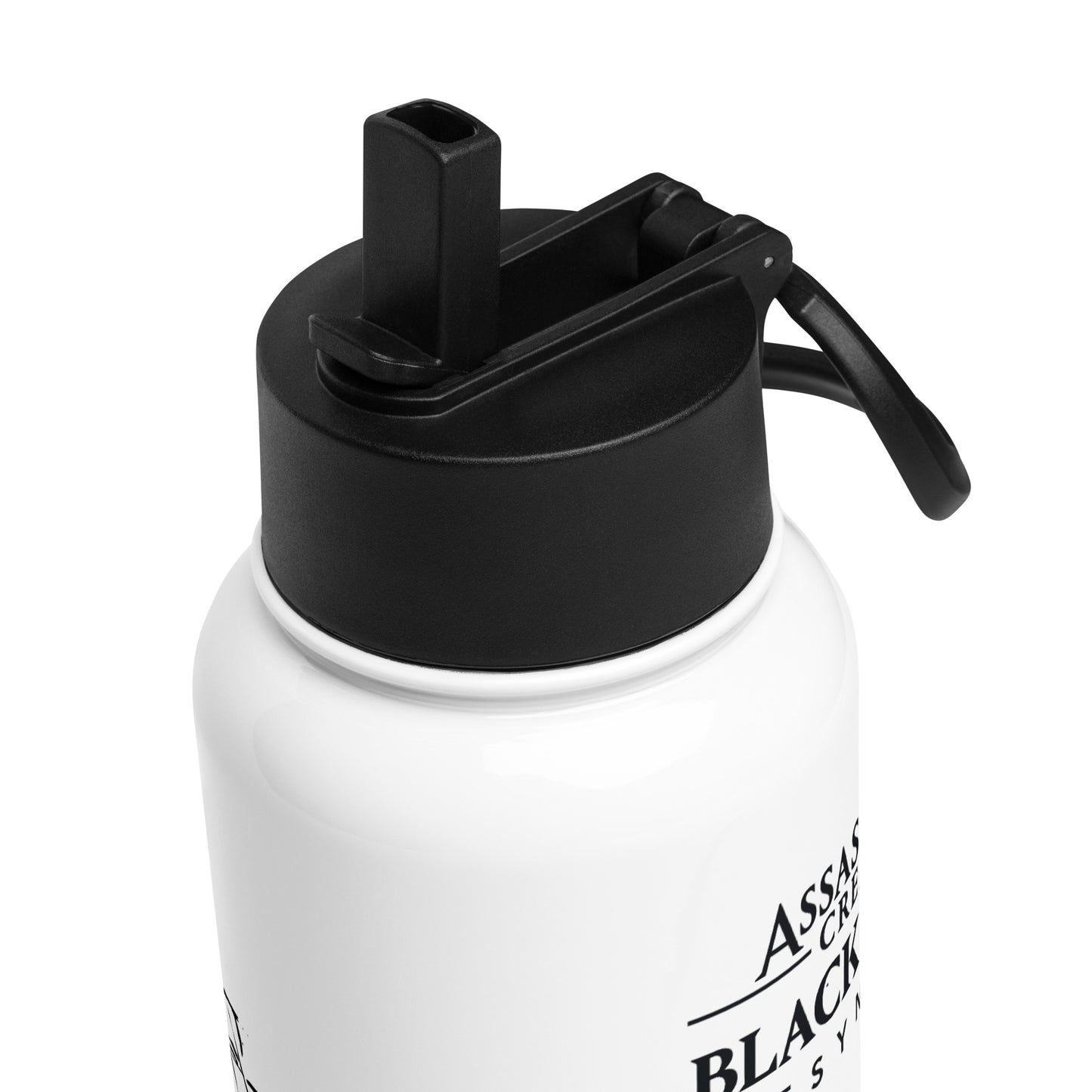 White water bottle with black flip-top lid & carrying handle. Text "ASSASSIN'S CREED BLACK FLAG" partially visible.