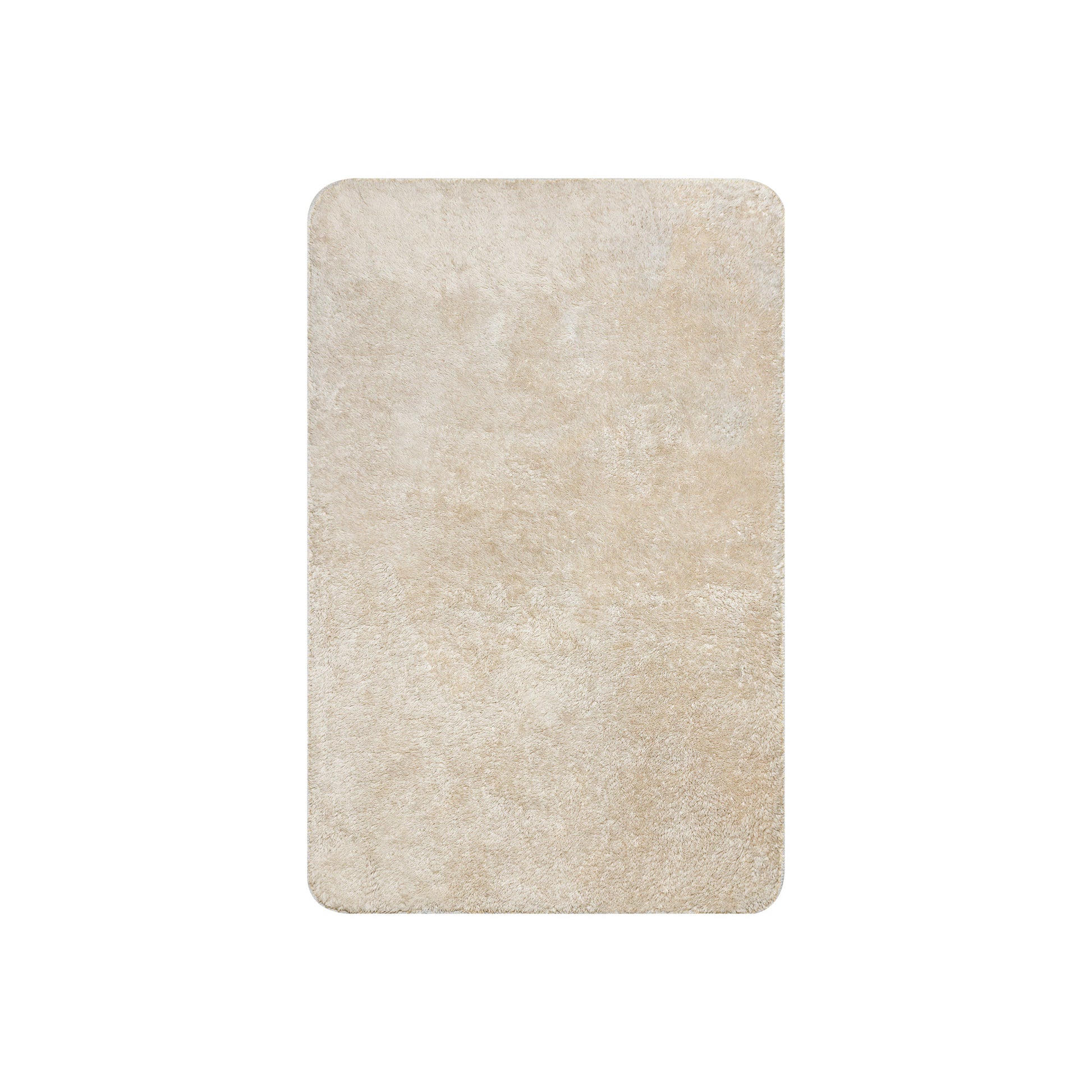 Cream-colored, rectangular, high-pile shaggy rug with rounded corners.