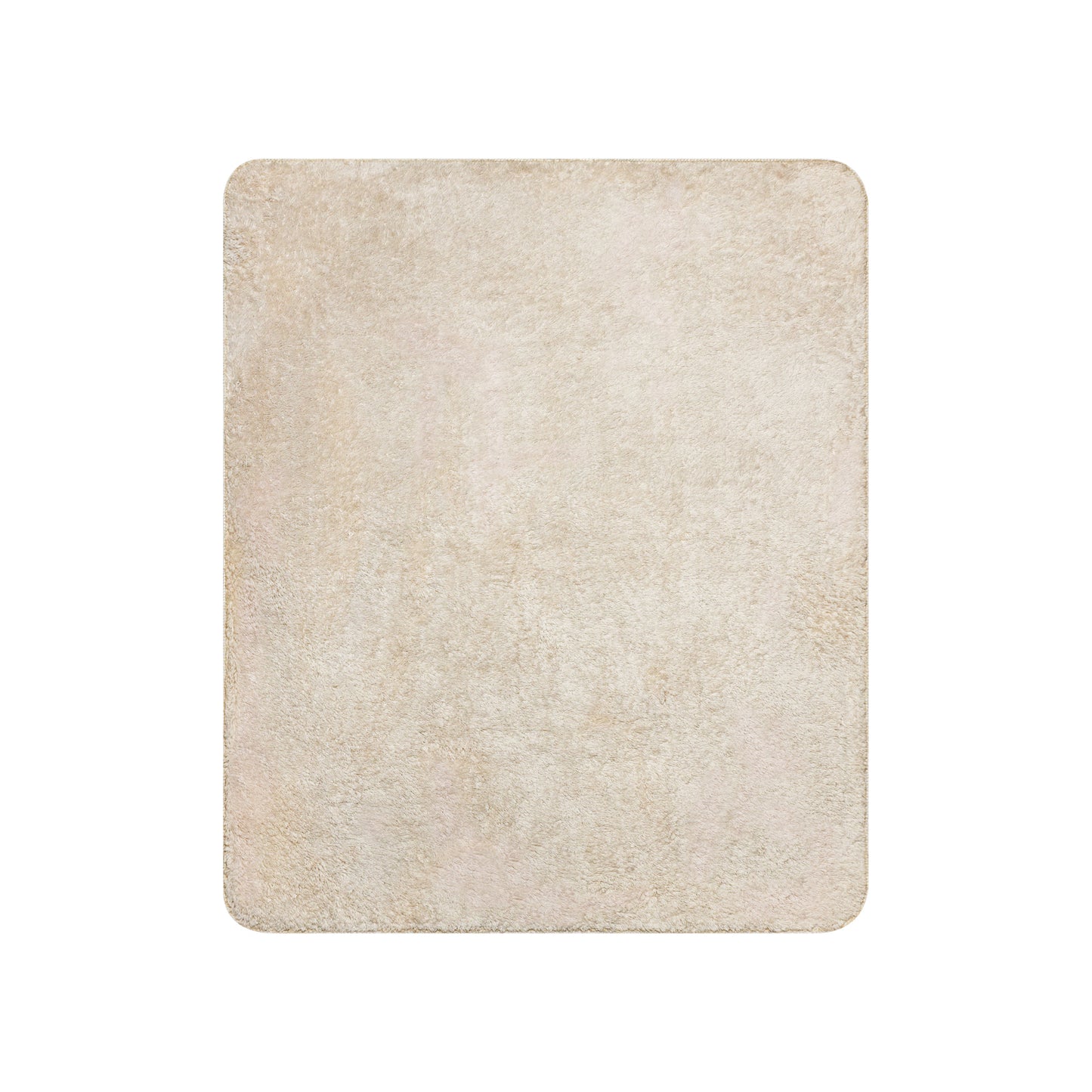 Light beige shaggy rug, rectangular with rounded corners.