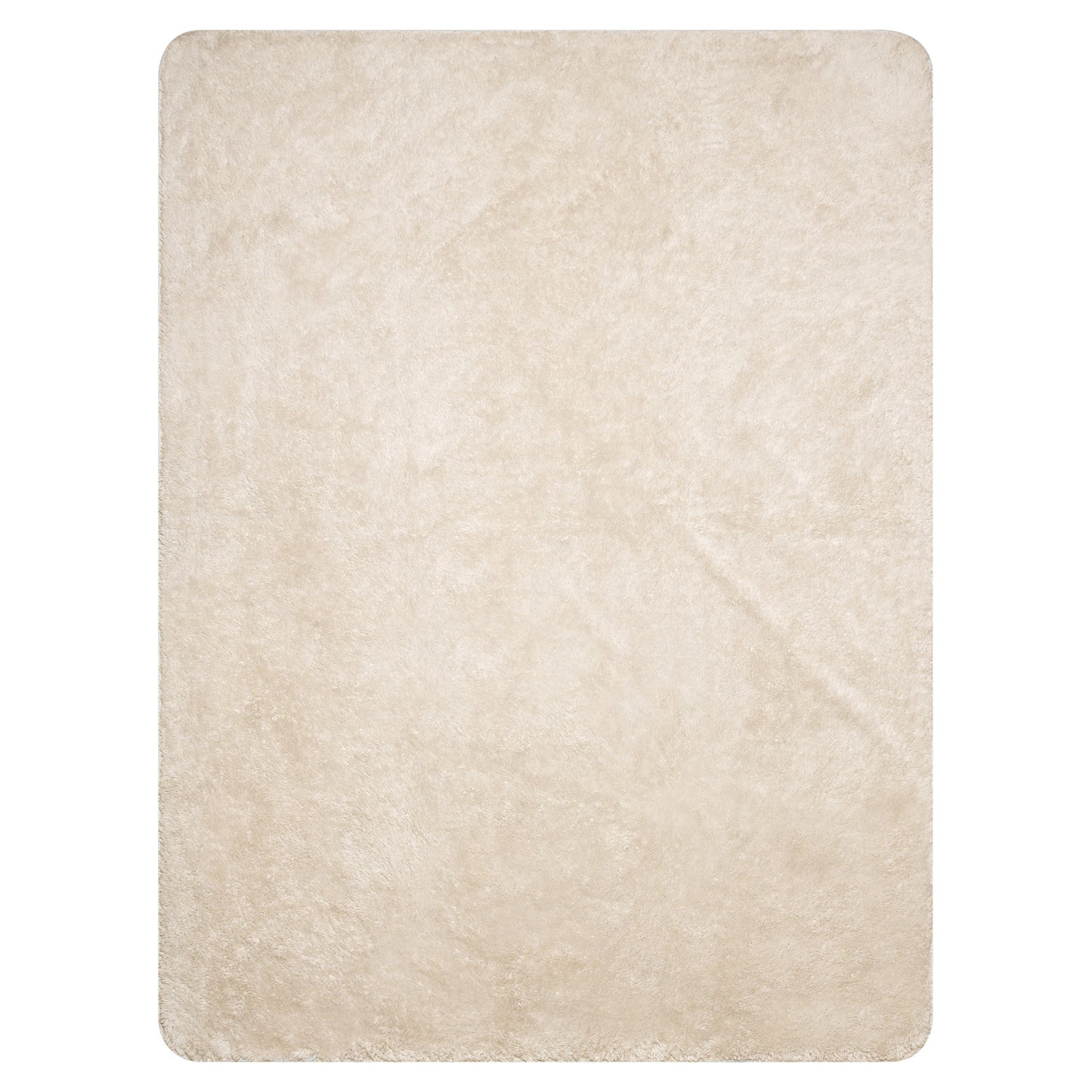 A rectangular, light beige shaggy blanket or rug with rounded corners, featuring a soft, fluffy texture with subtle variation