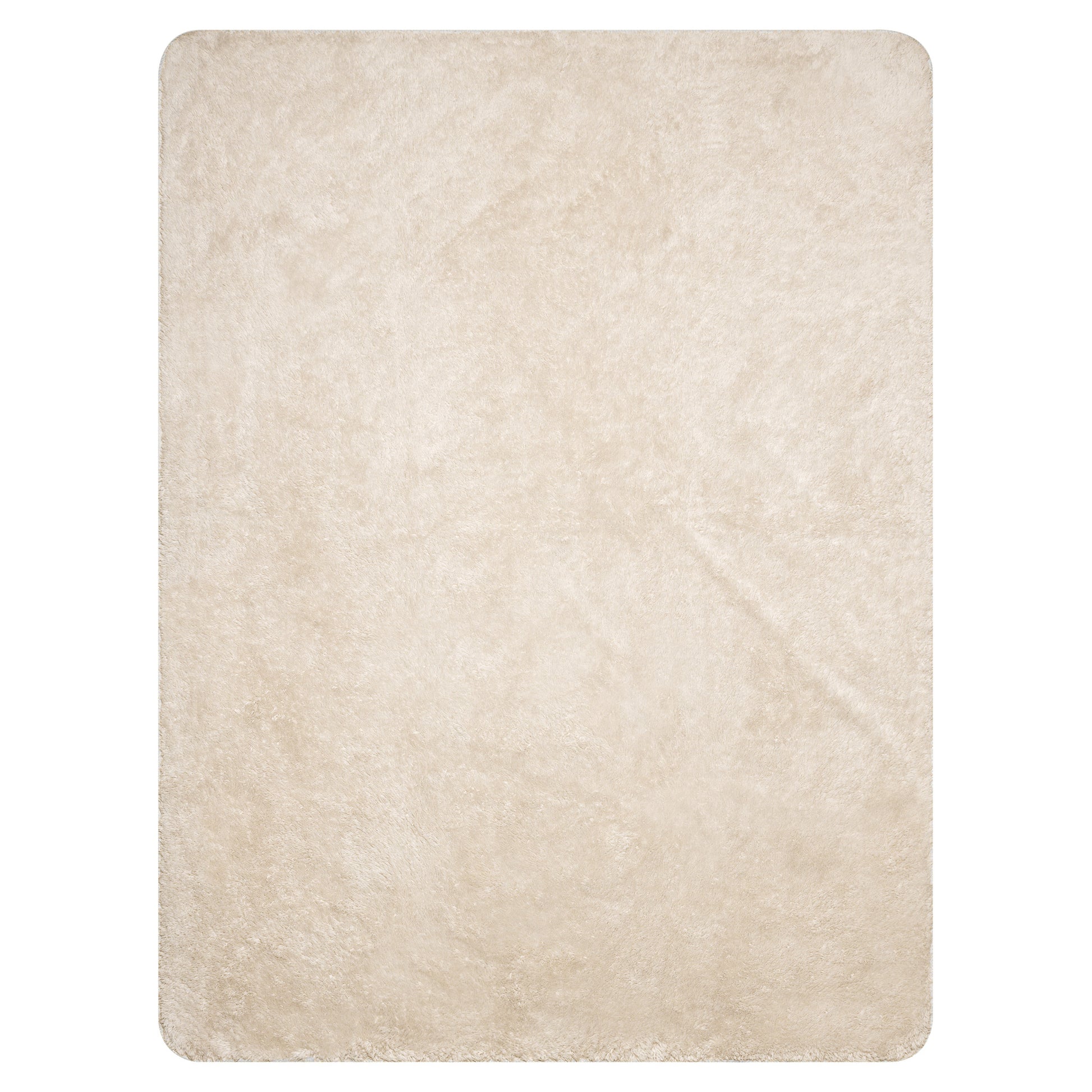 A rectangular, light beige shaggy blanket or rug with rounded corners, featuring a soft, fluffy texture with subtle variation