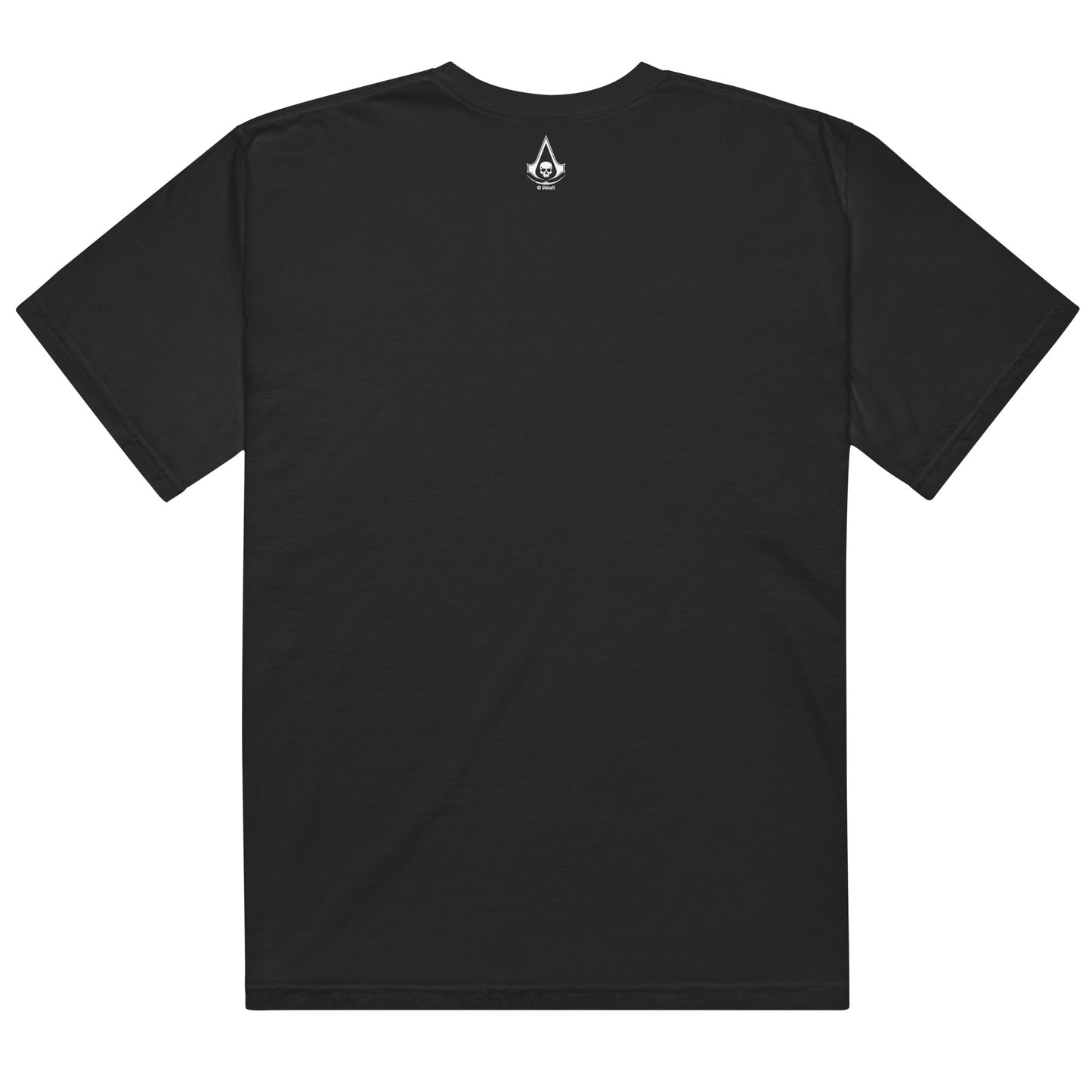 Back of a black t-shirt with a white Assassin's Creed skull and "Ubisoft" logo below the collar.