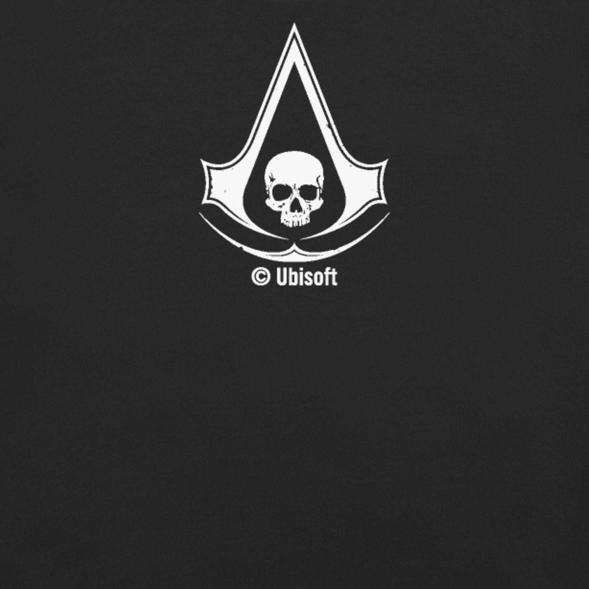 White distressed Assassin's Creed Black Flag skull logo and © Ubisoft on black fabric.