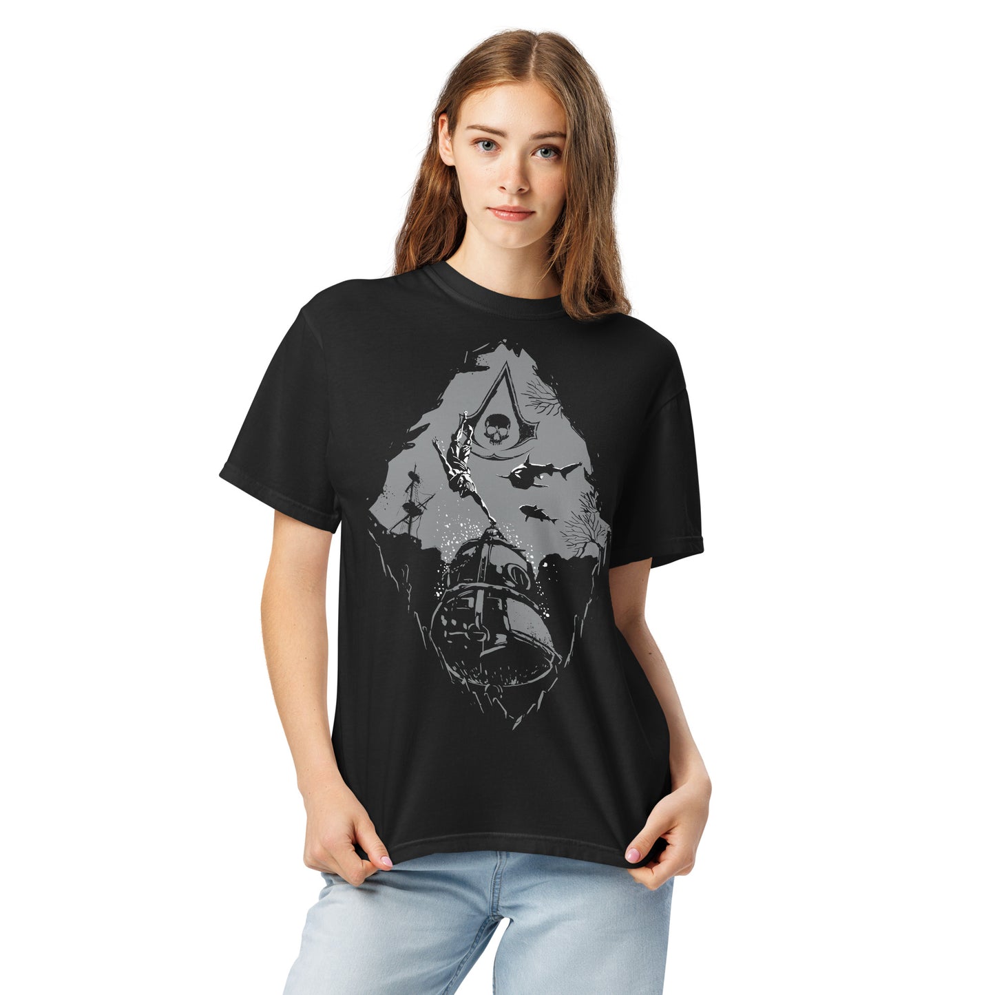Black t-shirt with a grey graphic of an underwater scene: a diver, sharks, a sunken ship, skull, and Assassin's Creed logo.