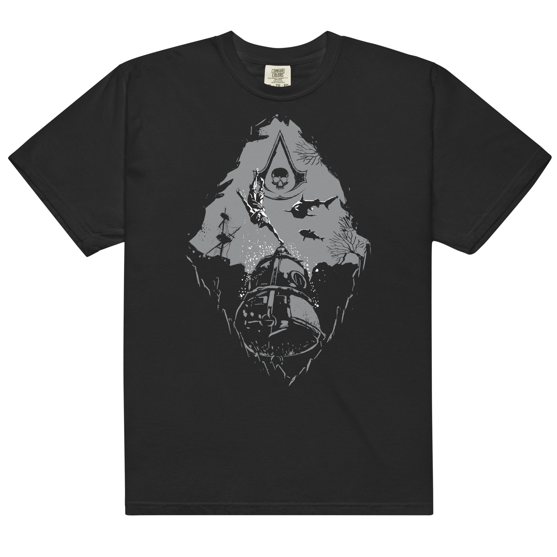 Black t-shirt with a grey graphic of an underwater scene: diver, sharks, sunken bell, framed by Assassin's Creed logo.