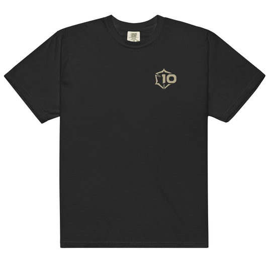 Black Comfort Colors heavyweight garment-dyed t-shirt with a gold stylized '10' logo on the left chest.