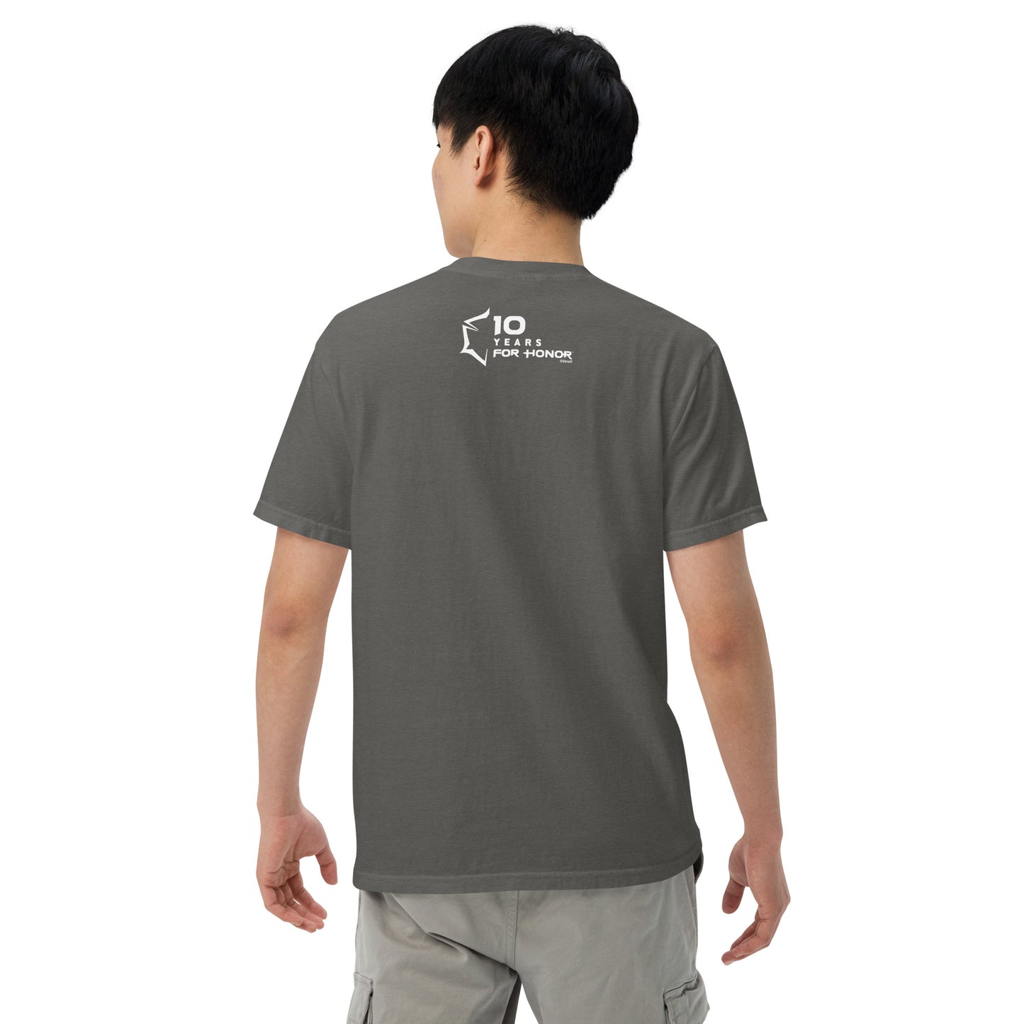 Back of person in dark grey t-shirt with white "10 YEARS FOR HONOR" stylized logo.
