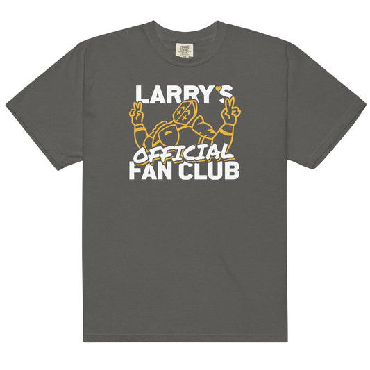 Dark grey Comfort Colors t-shirt with a white and yellow "LARRY'S OFFICIAL FAN CLUB" graphic including a cartoon character.