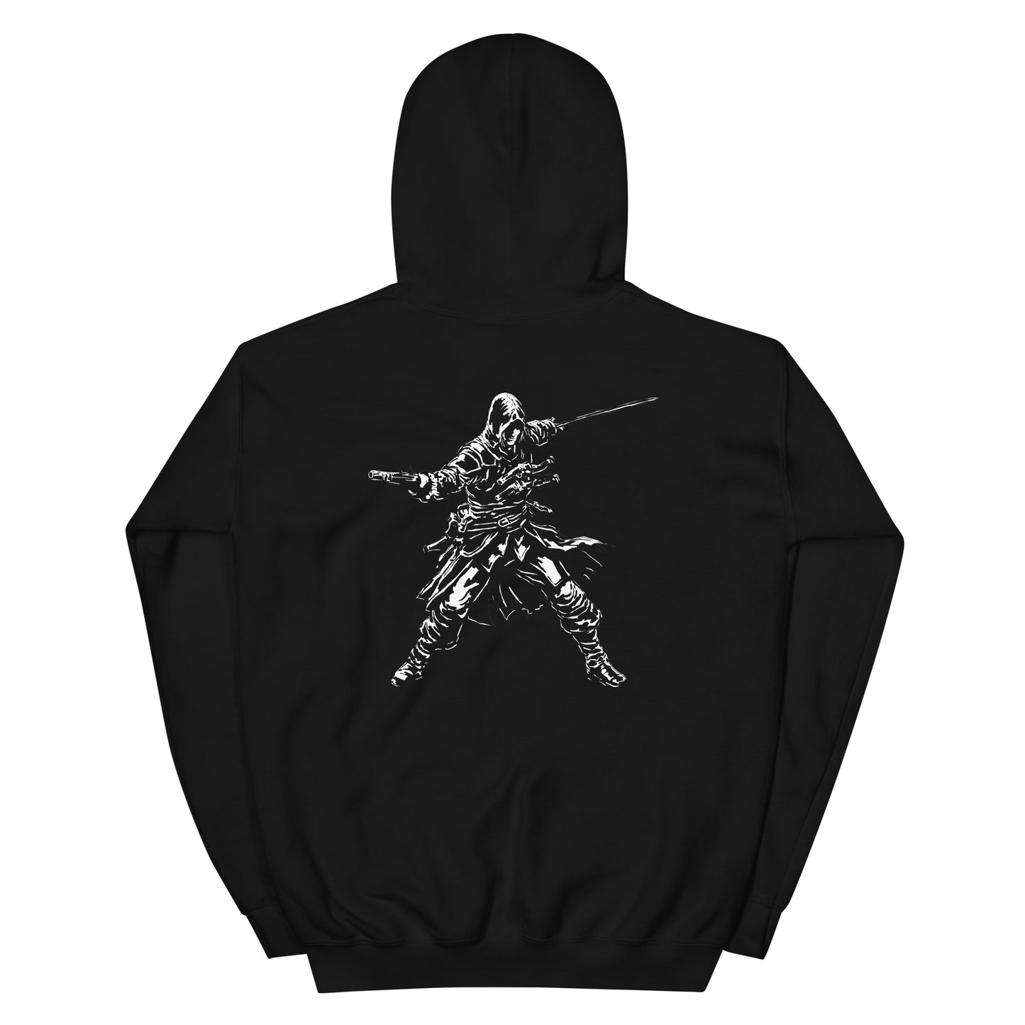 Back of black hoodie with white line art of a hooded figure holding a pistol and a sword.