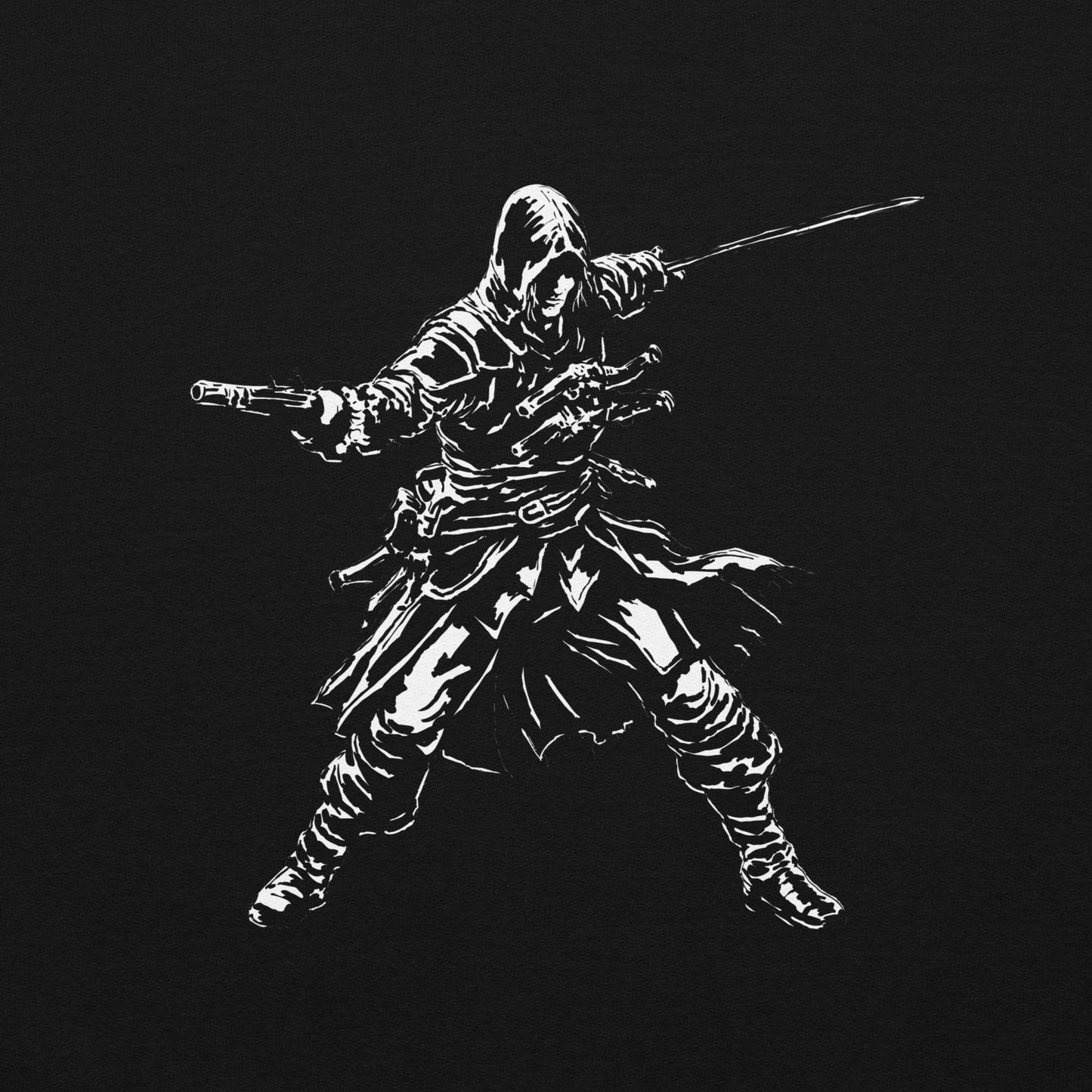 High-contrast black and white illustration of a hooded figure in a combat pose, wielding a pistol and a sword.