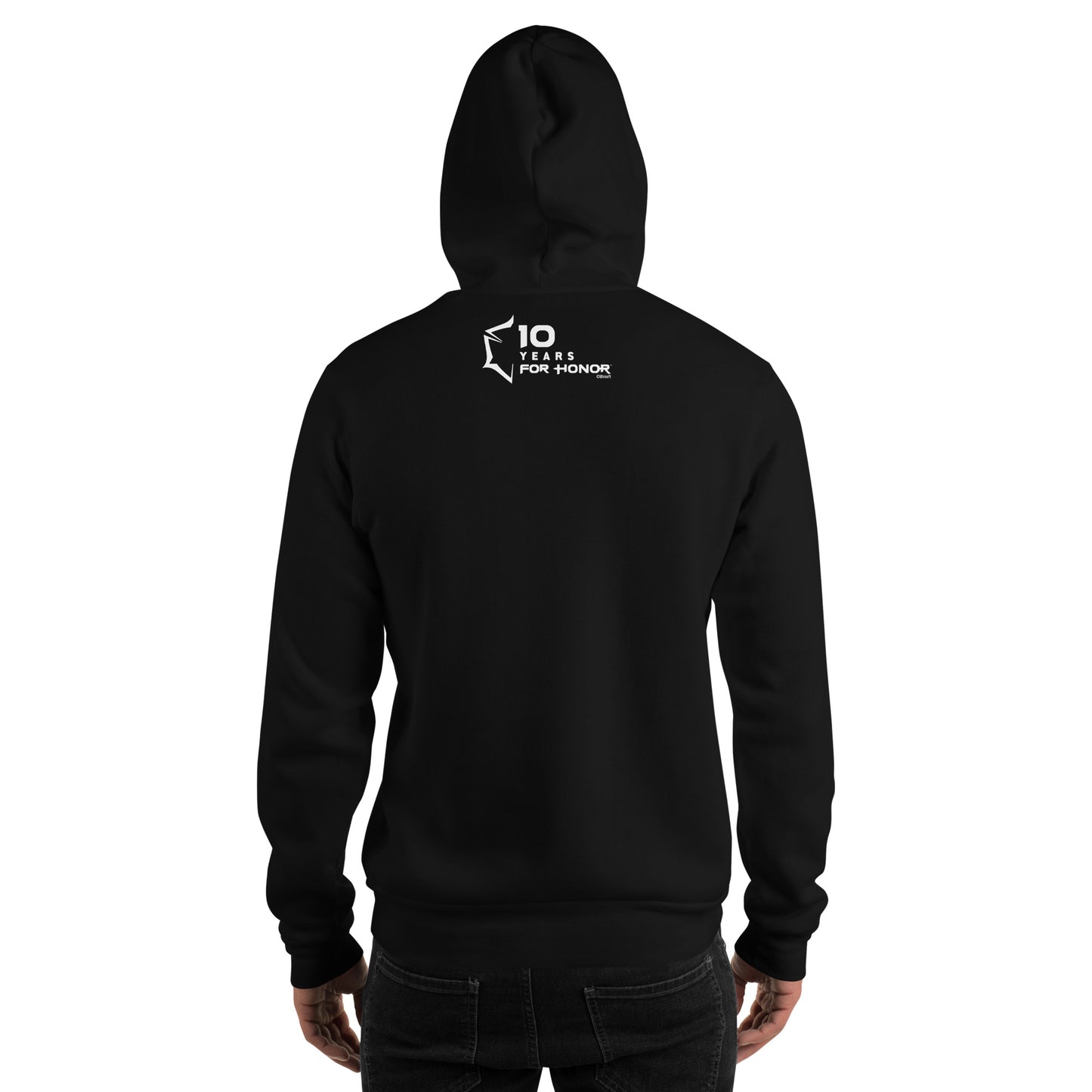 Back of a black hoodie with a white logo saying "10 YEARS FOR HONOR" and "Ubisoft" below.