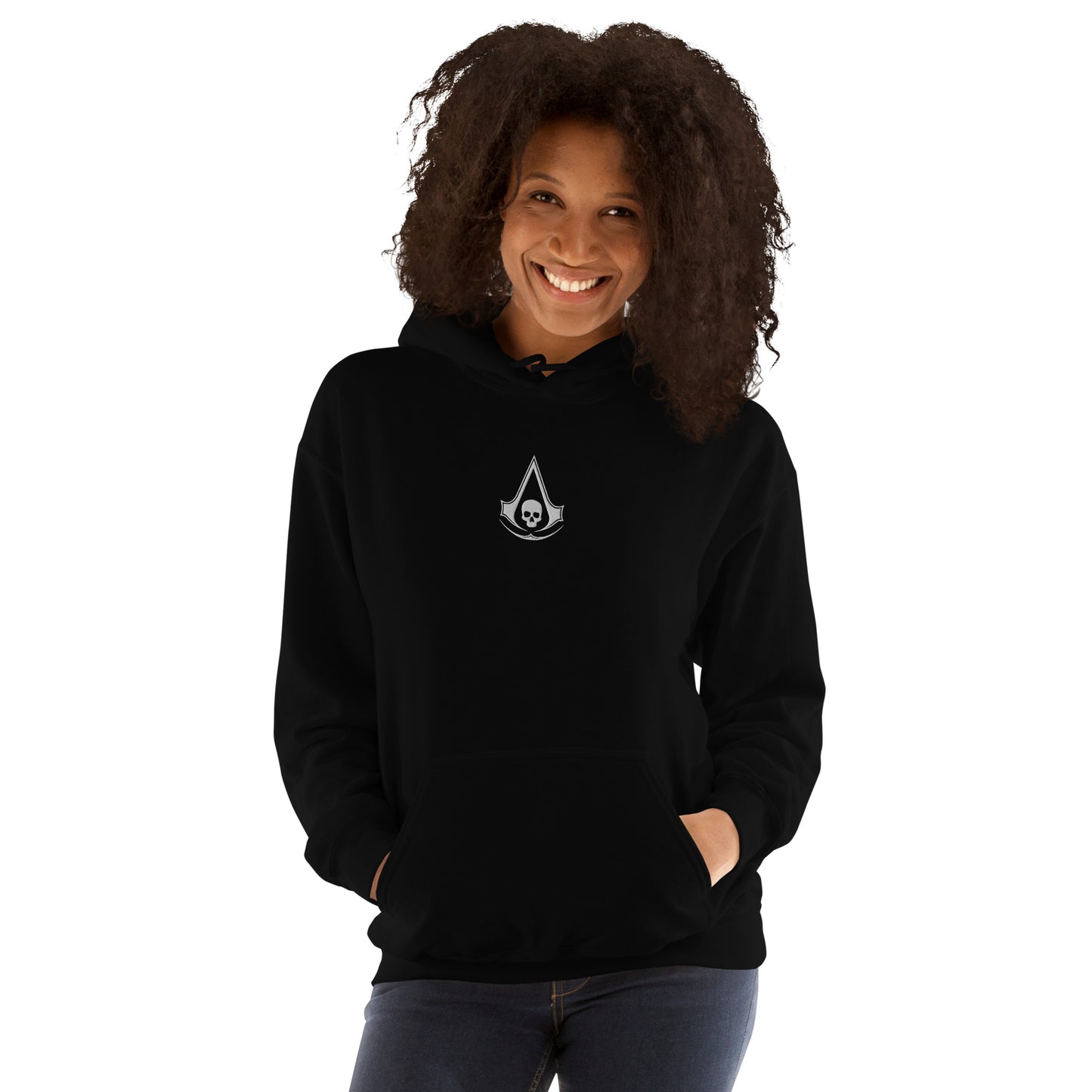 A silver skull emblem, similar to the Assassin's Creed logo, is centered on the black hoodie's chest.