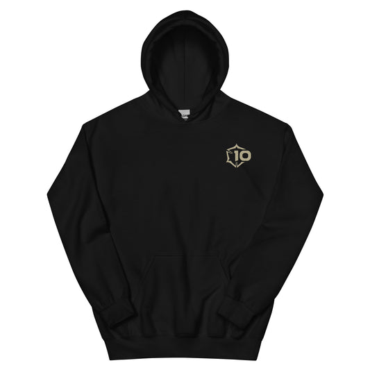 A gold '10' emblem with pointed edges on the left chest of a black hoodie.