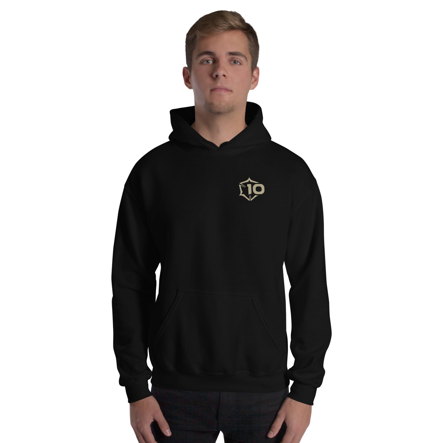 Gold '10' logo in a stylized shield on the left chest of a black hoodie.